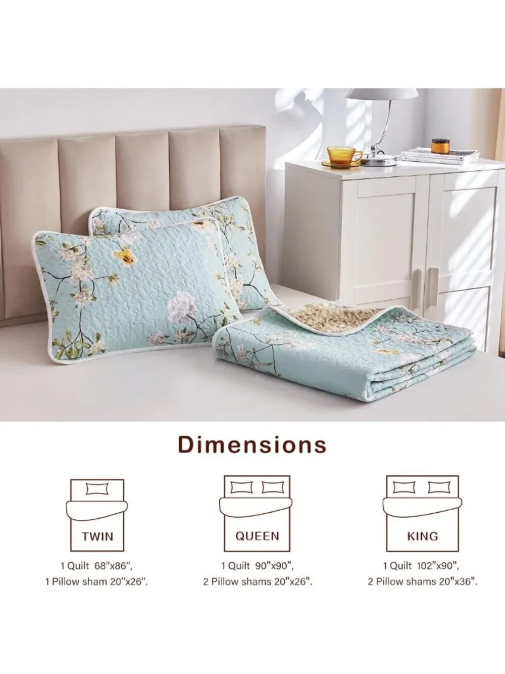 Reversible Floral Quilt Set - Aqua Microfiber Bedspread, Lightweight All-Season